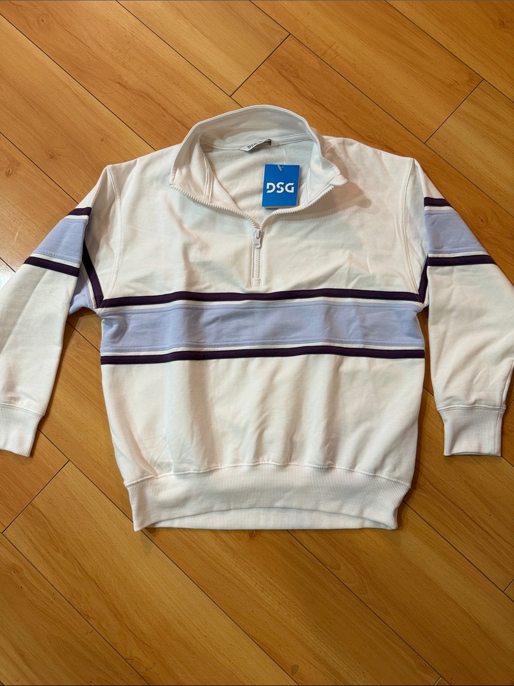 DSG White Quarter-Zip Pullover with Light Blue & Purple Stripes